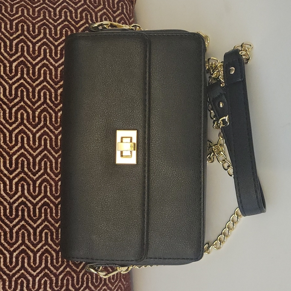 women's small crossbody bag. Black Gold Tone Strap and Hadware